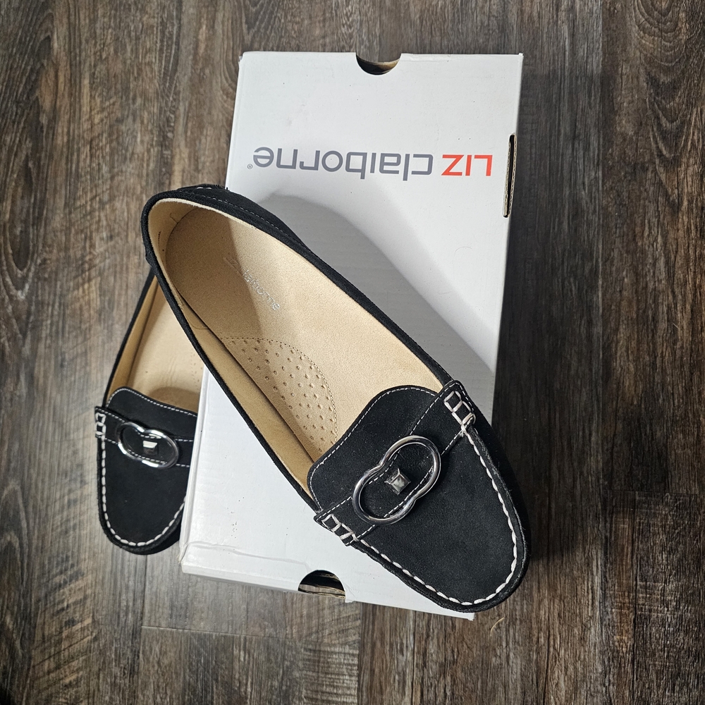 Liz Claiborne Black Suede Loafers with Buckle Detail